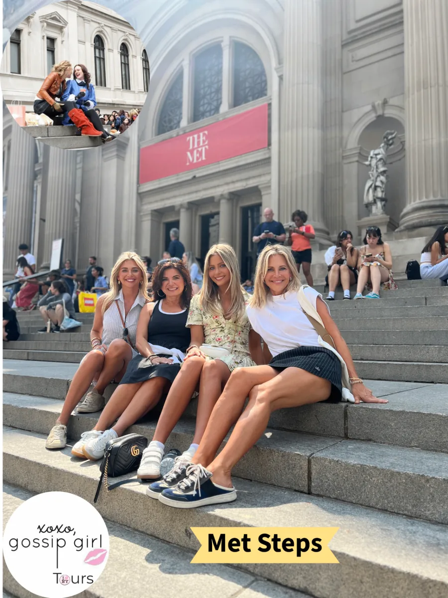 Four Gossip Girl Tours guests sitting on the Met Steps on Fifth Avenue during the Exclusive Gossip Girl pedicab tour in New York City