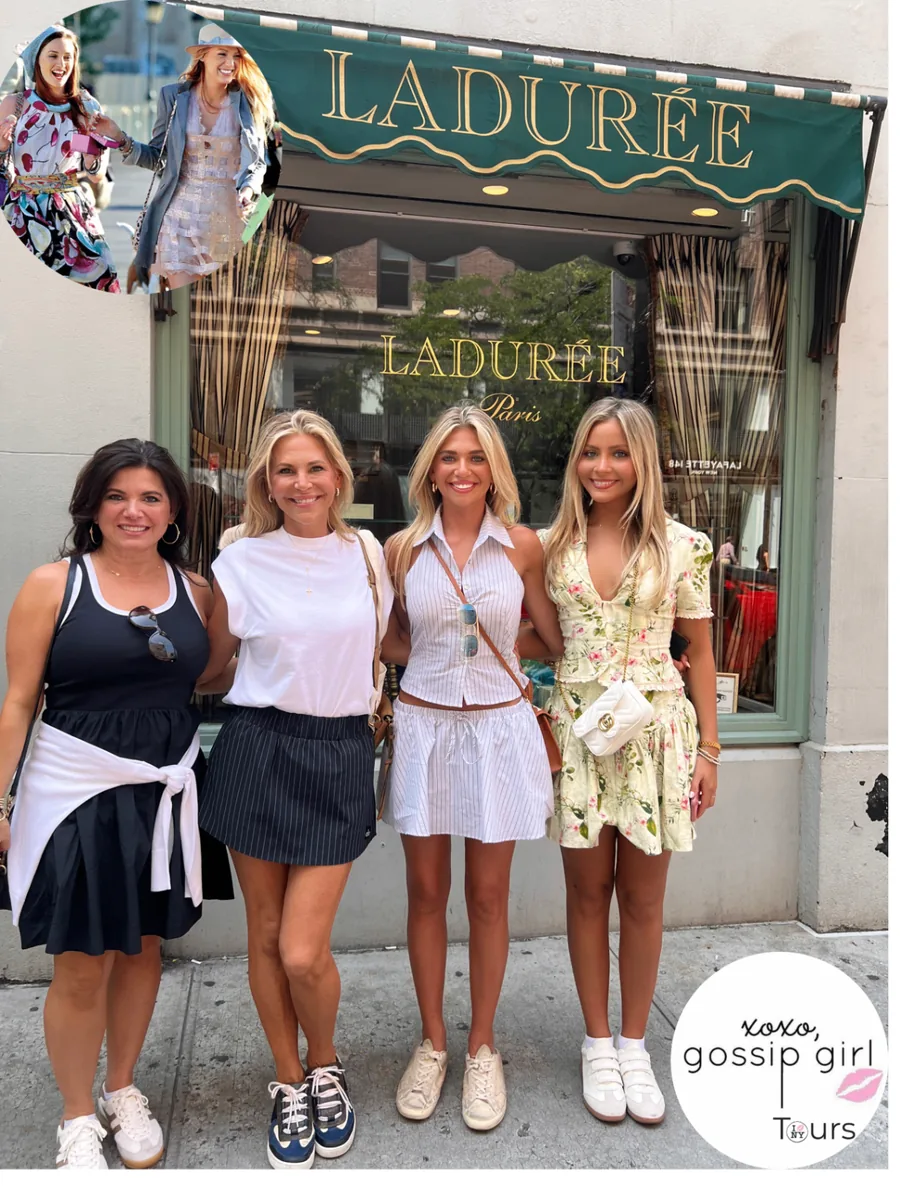 Four Gossip Girl Tours guests outside Ladurée bakery on Madison Avenue during the Exclusive Gossip Girl tour in New York