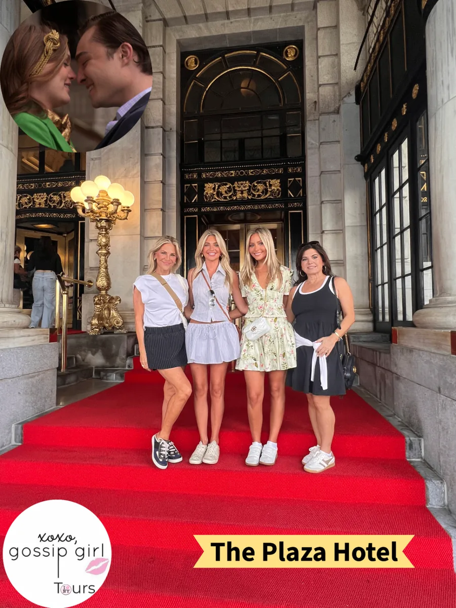 Four Gossip Girl Tours guests on the red carpet entrance of The Plaza Hotel on the Exclusive Gossip Girl tour in NYC