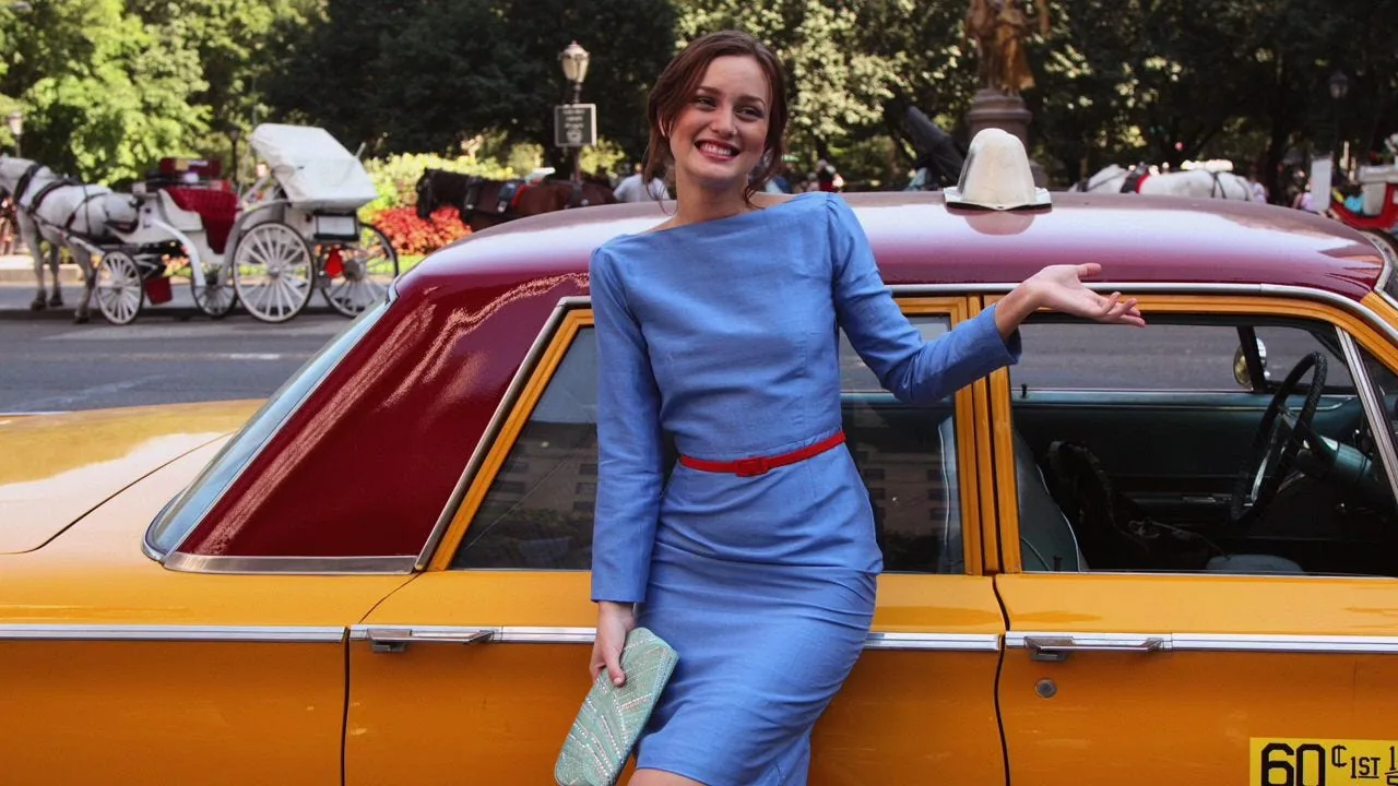 Blair Waldorf posing beside a yellow New York taxi during the Serena and Blair photo shoot scene
