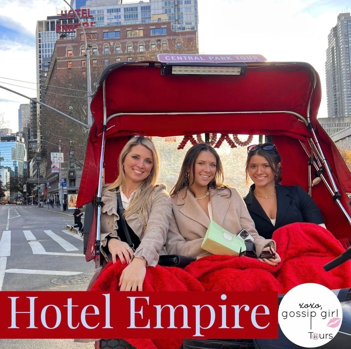 Three Gossip Girl Tours guests riding a red pedicab under the Hotel Empire sign in New York